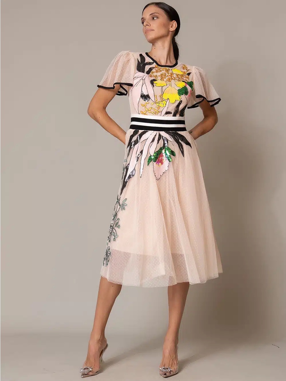 Beautiful apricot embroidered tulle midi dress w/ flutter sleeves - MSRP $600